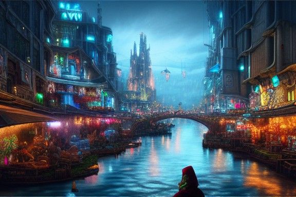 Elven Market with Floating Castles in Cyberpunk Style