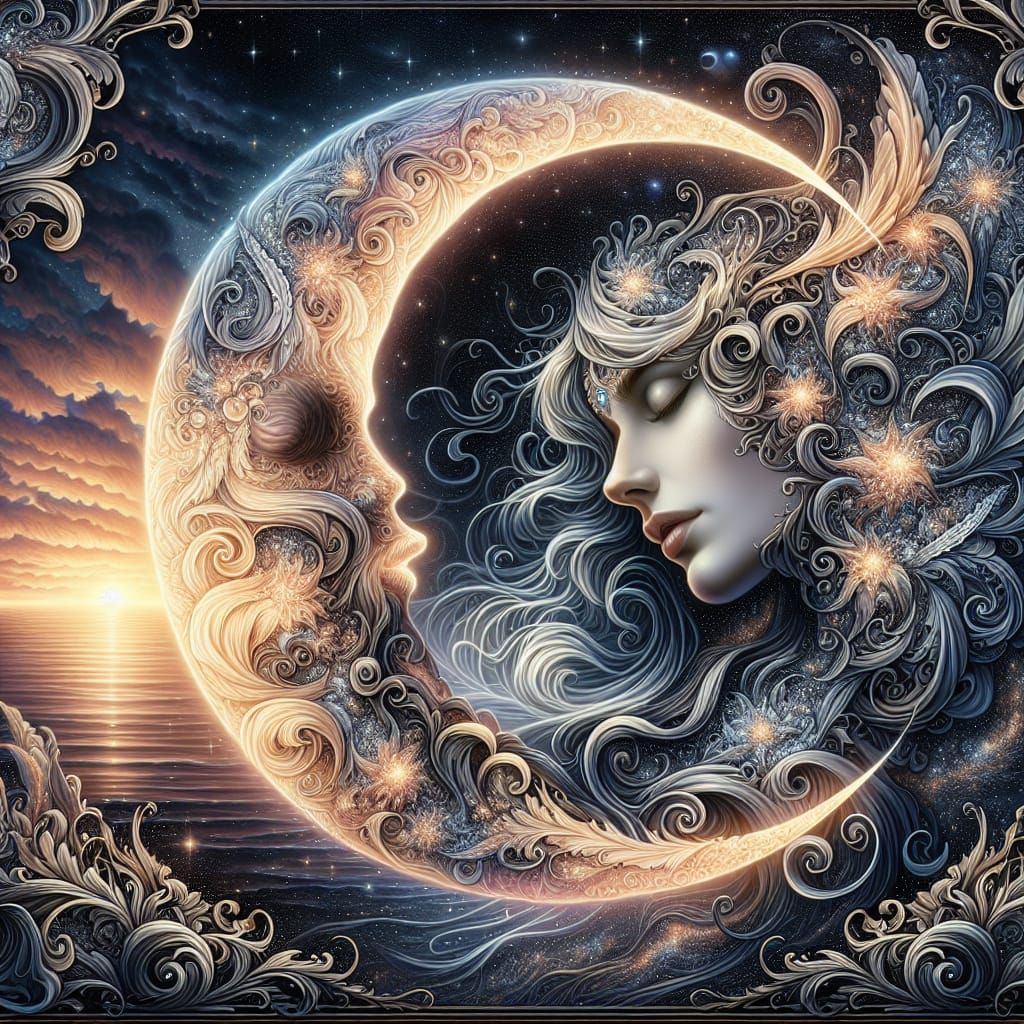 Ethereal Woman Enveloped by a Romantic Era Crescent Moon