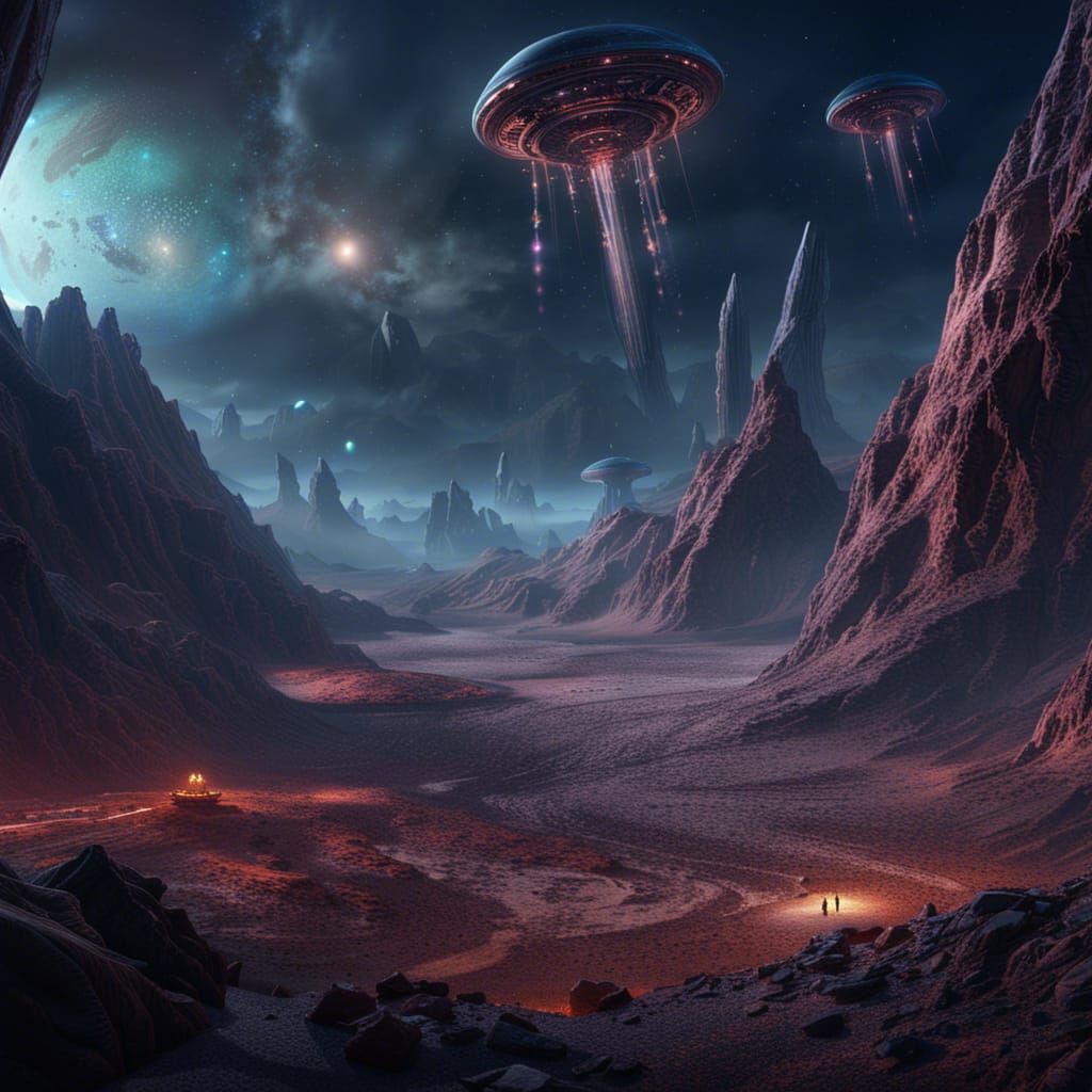 Alien War: A Matte Painting of Mountains and Galaxy