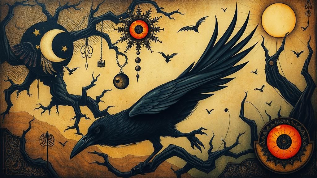 Dreamlike Raven in Surrealist Landscape