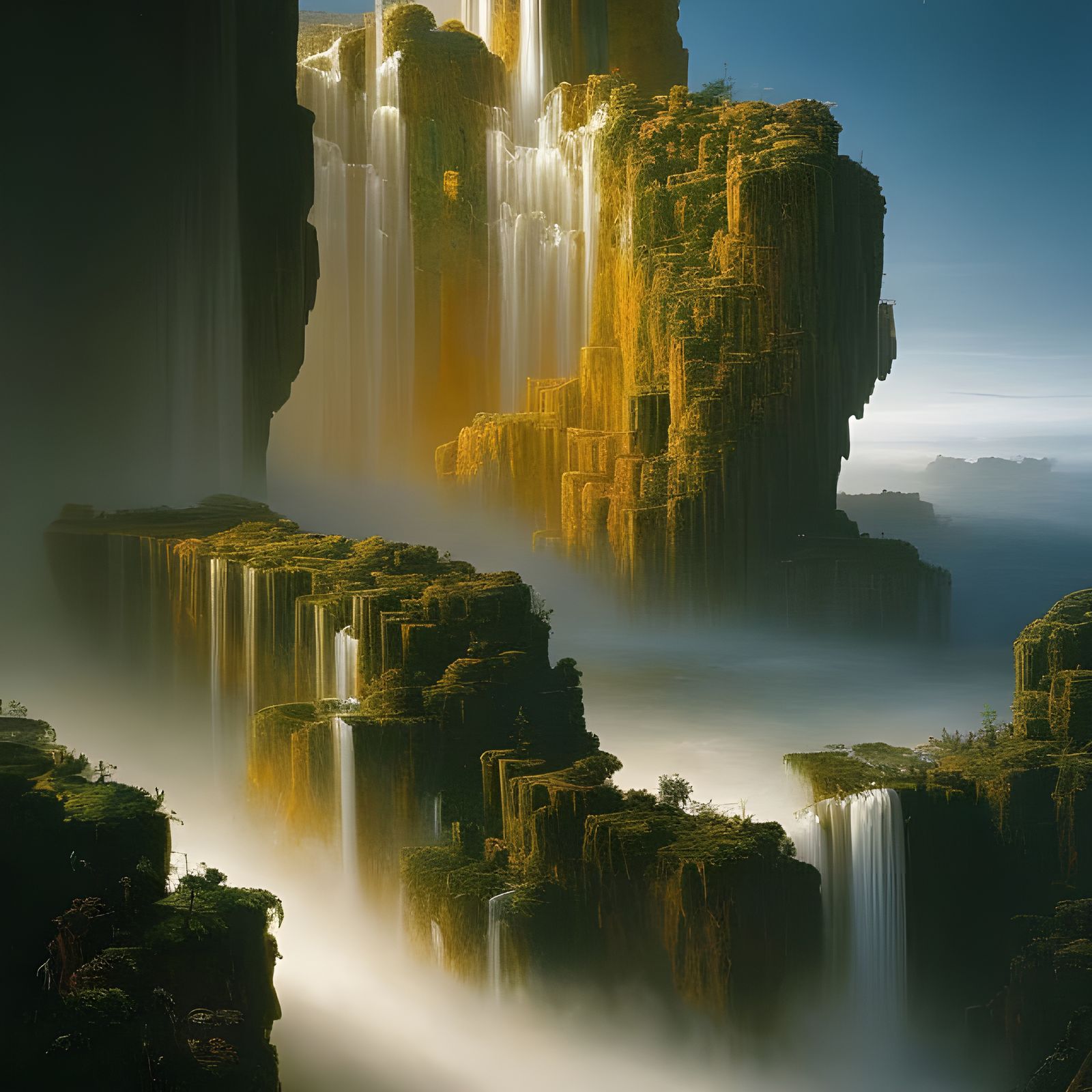 Surreal Waterfall City at Night with Magic Particles