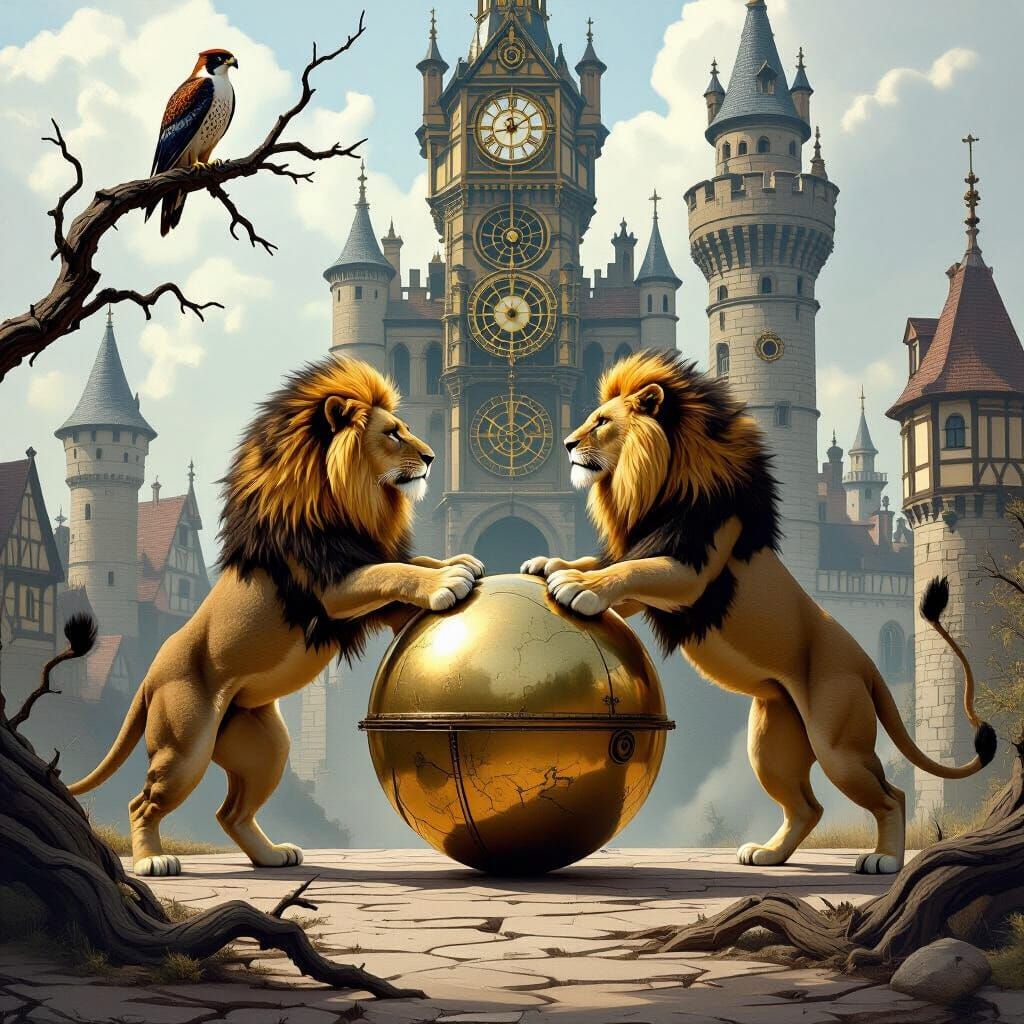 Lions Clash Before Steampunk Castle, Syd Mead Style