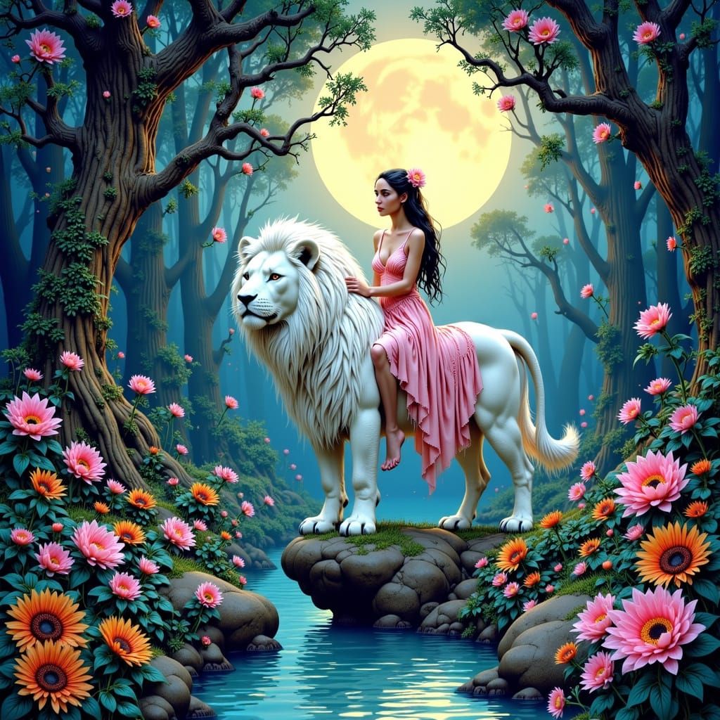 Princess Rides White Lion Through Dreamlike Forest