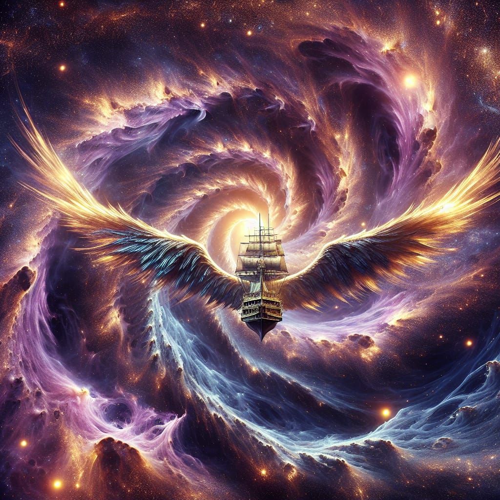 Cosmic Ship Navigates Nebula with Golden Wings
