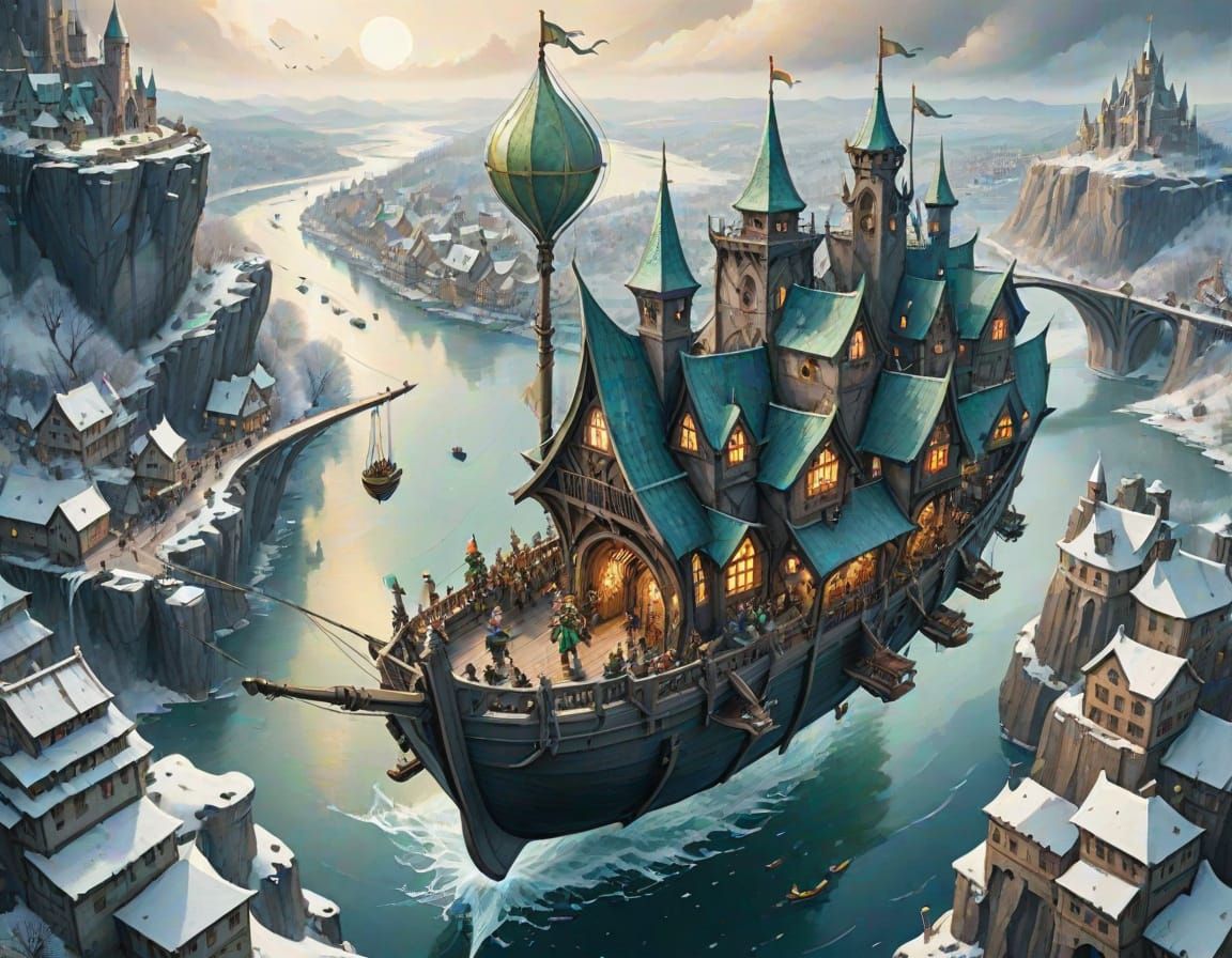 Flying Ship Sails Over Winter Kingdom in Watercolor