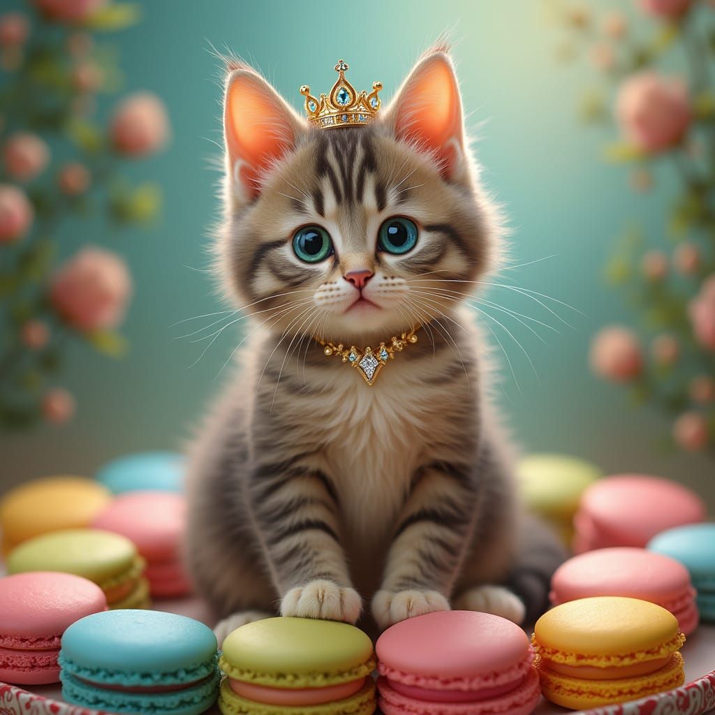 Regal MaineCoon Cat Perched on Rainbow Macarons in Art Nouve...