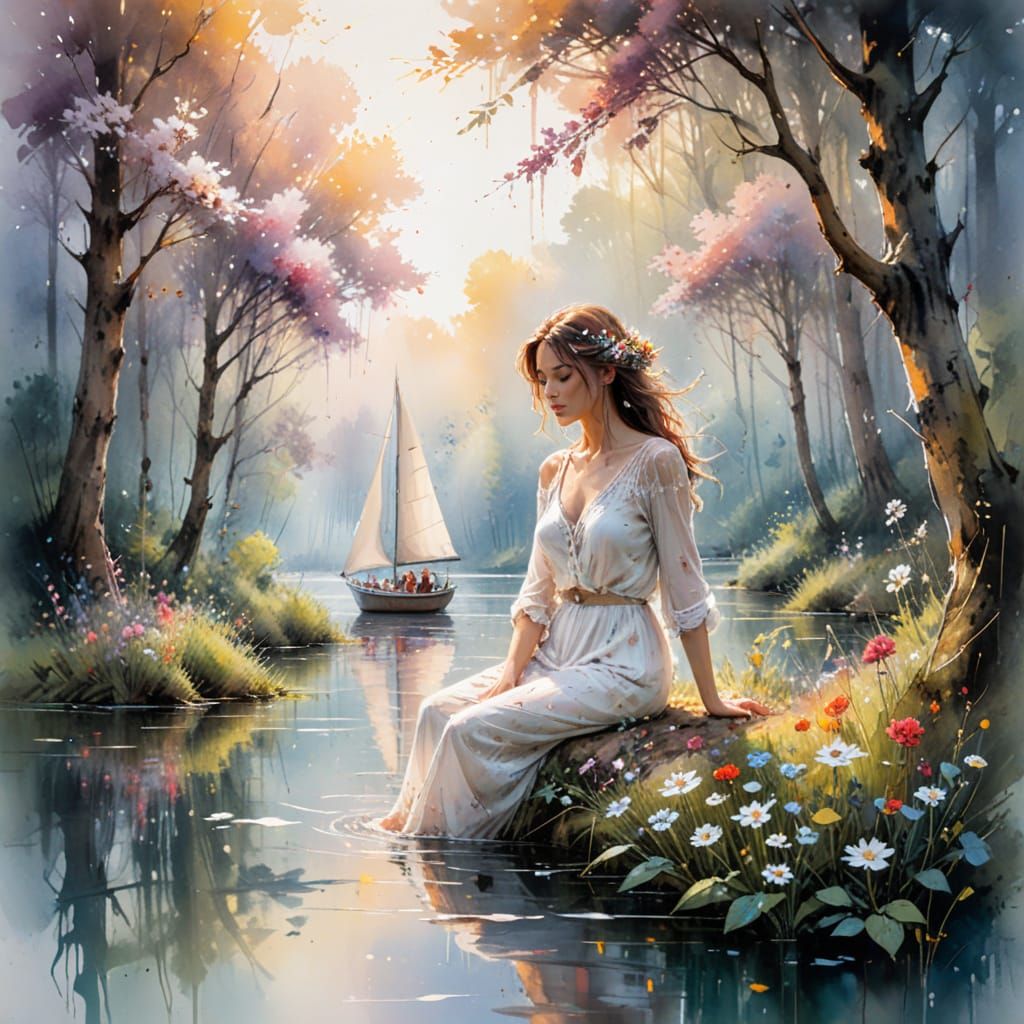 Sailing Boat on Lake: Watercolor Forest Scene