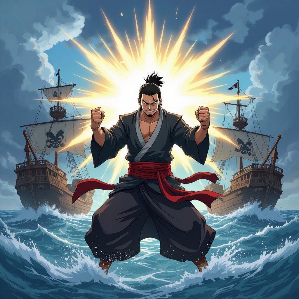 Aarakocra Monk Radiating Light Amidst Sinking Ships