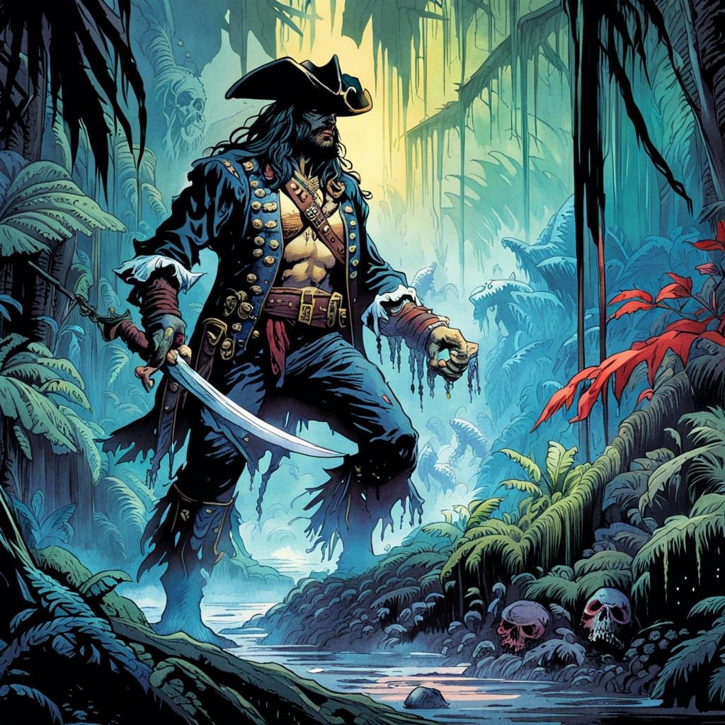 Undead Pirate Zombie in Dark Jungle