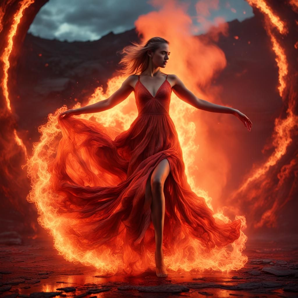Girl in Fire Dress Dancing on Lava