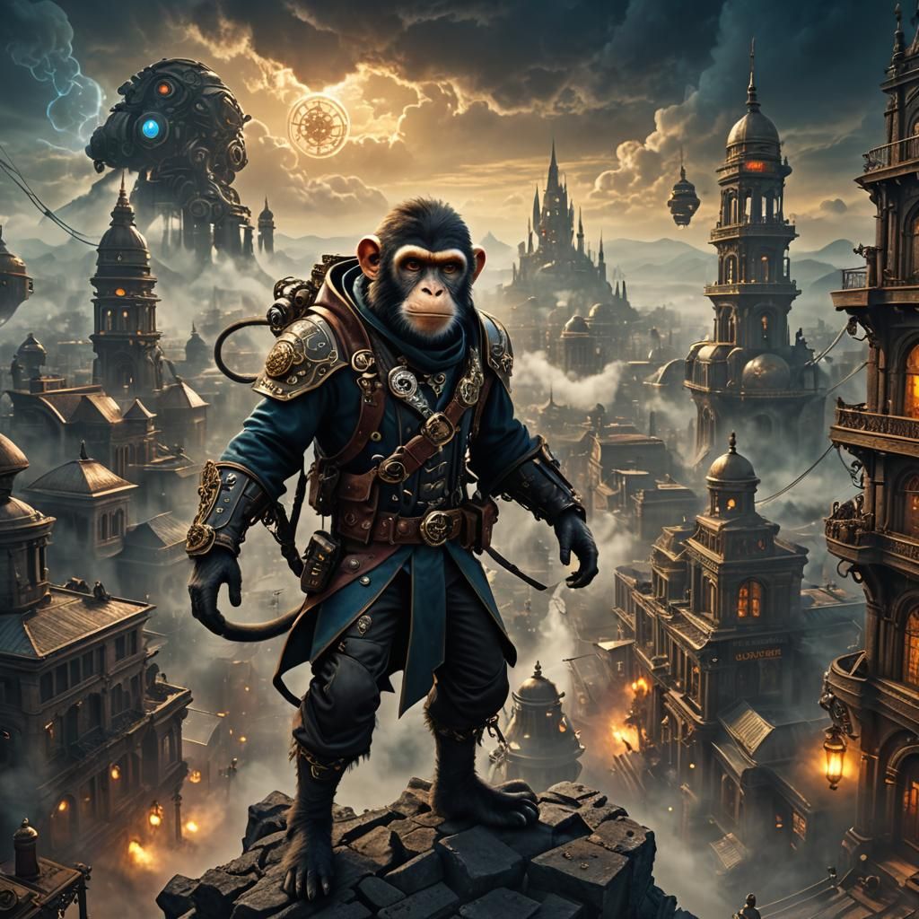Steampunk Monkey Cyborg Assassin in Grimdark City