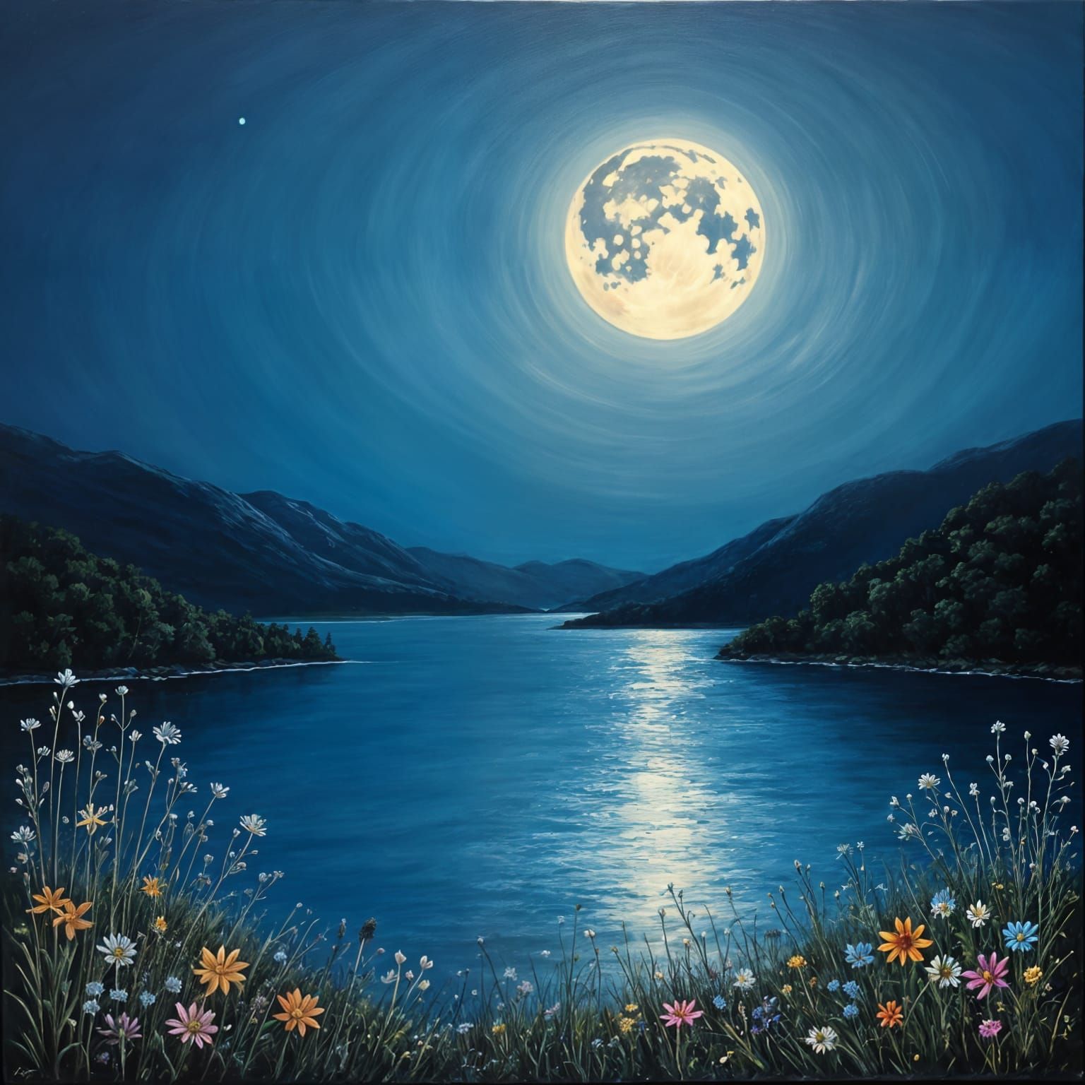 Serene Lake Under Full Moon: Romantic Oil Painting