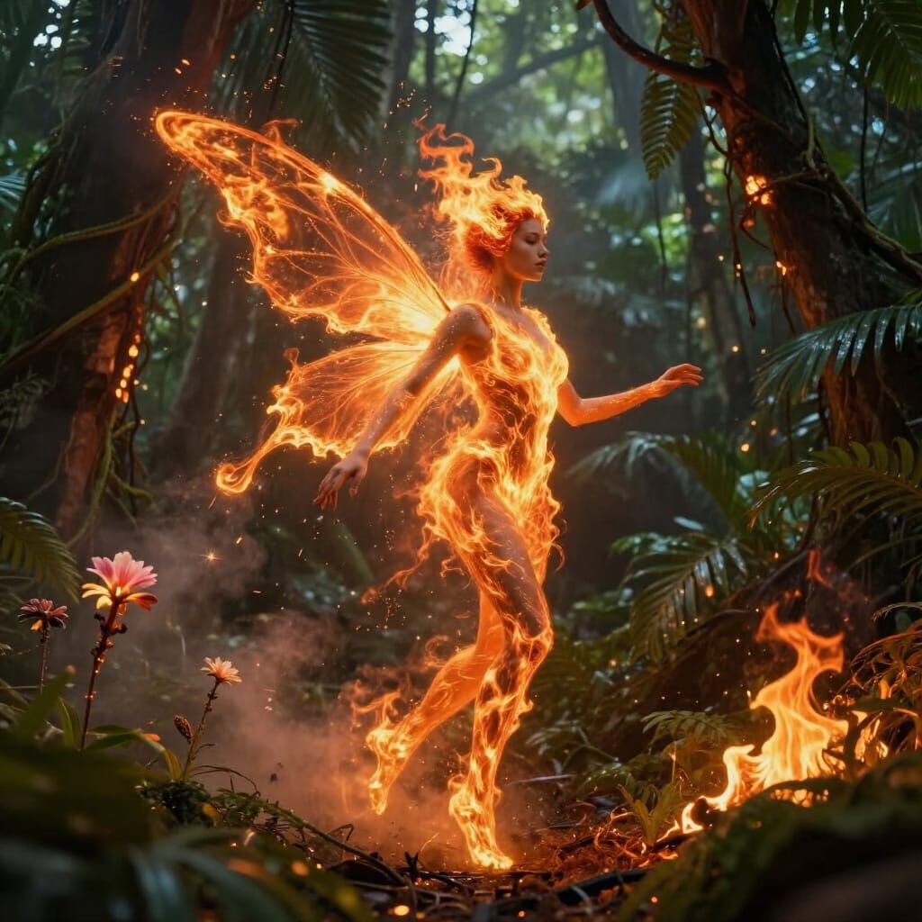 Ethereal Fire Fairy in Burning Rainforest