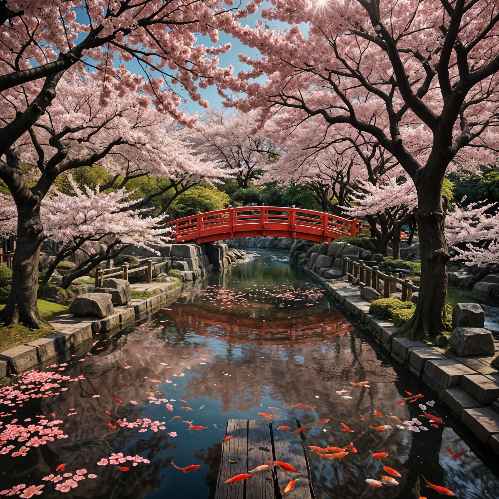 Cherry Blossoms and Koi Pond with Red Bridge
