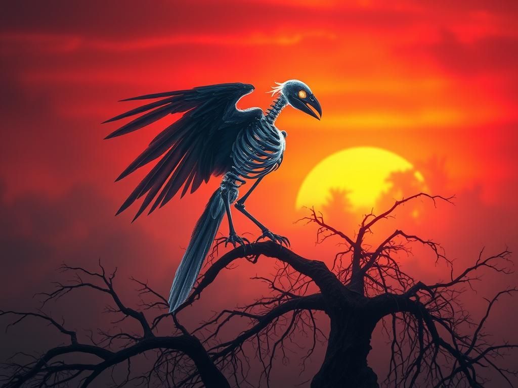 Ethereal Skeleton-Raven at Sunset: A Digital Masterpiece