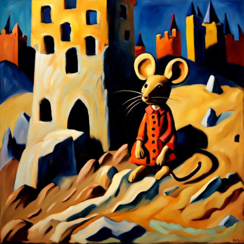 Mouse Inhabits Sand Castle as Oil Painting