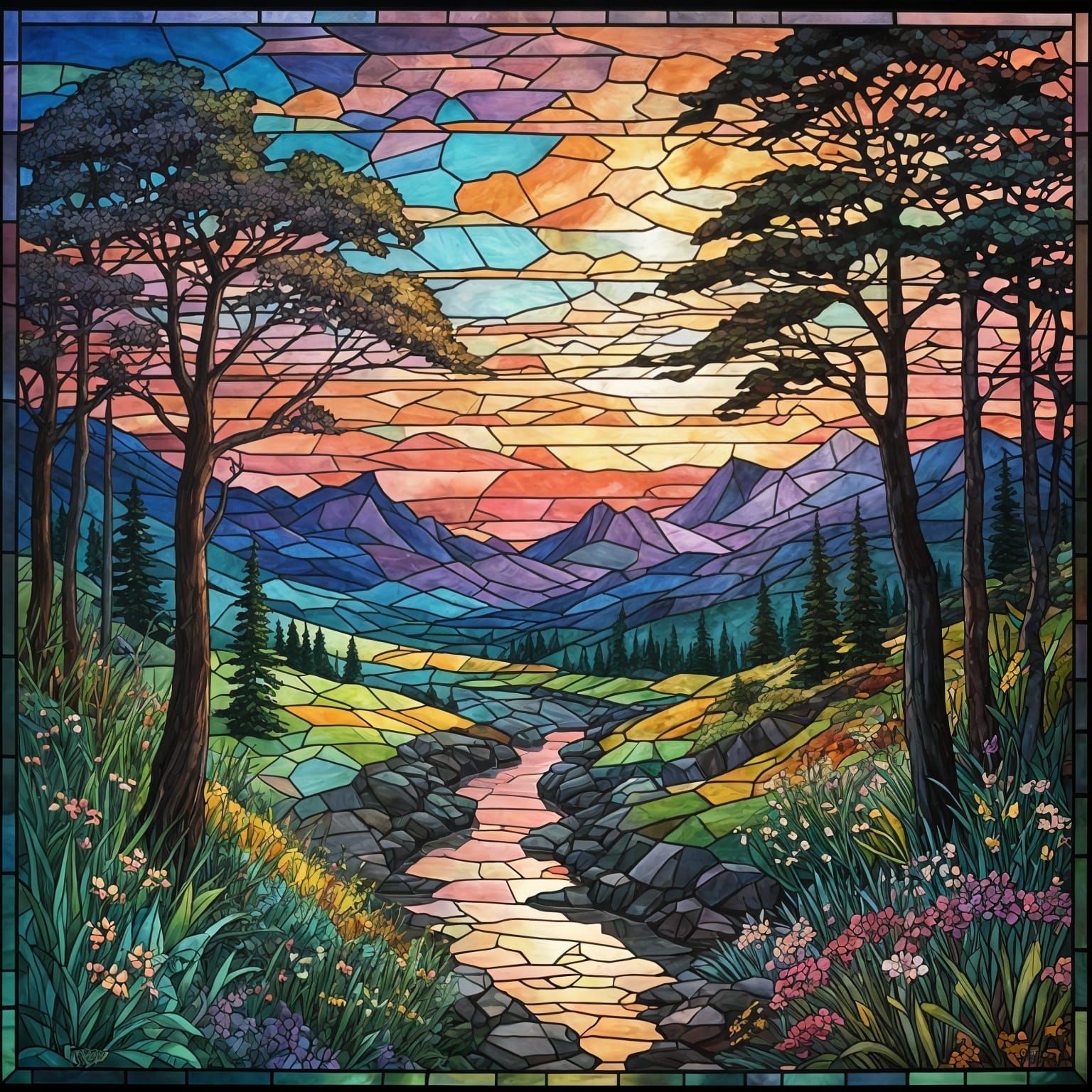 Vibrant Stained Glass Landscape with Iridescent Hues