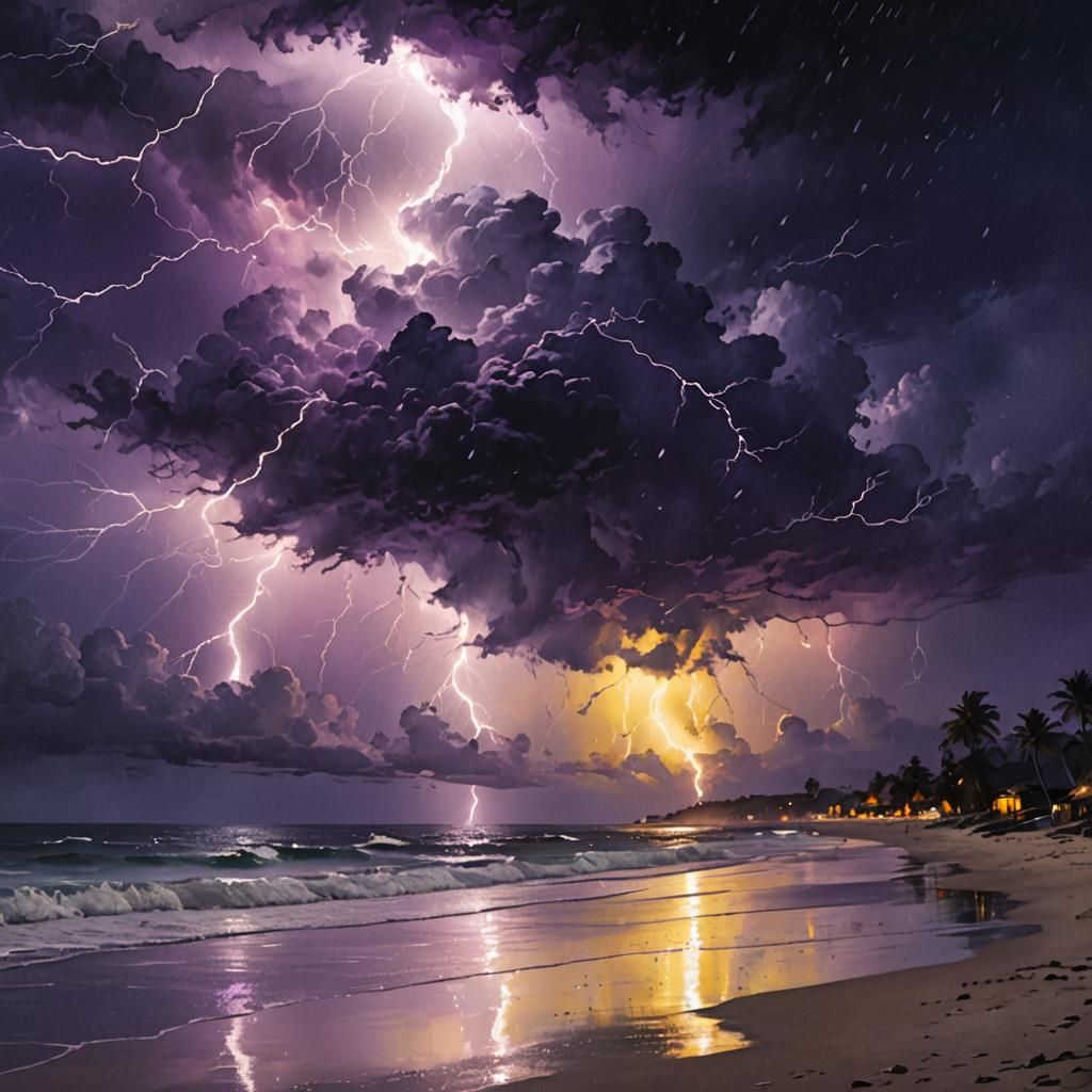 Dramatic Beach Lightning Storm in Watercolor