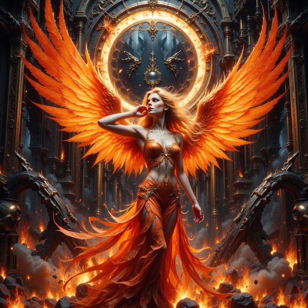 Phoenix Emerges in Art Nouveau Cyberpunk Fusion