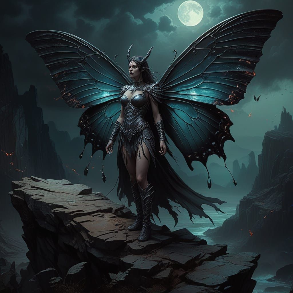 Dark Butterfly Guardian on Cliff in Grunge Style
