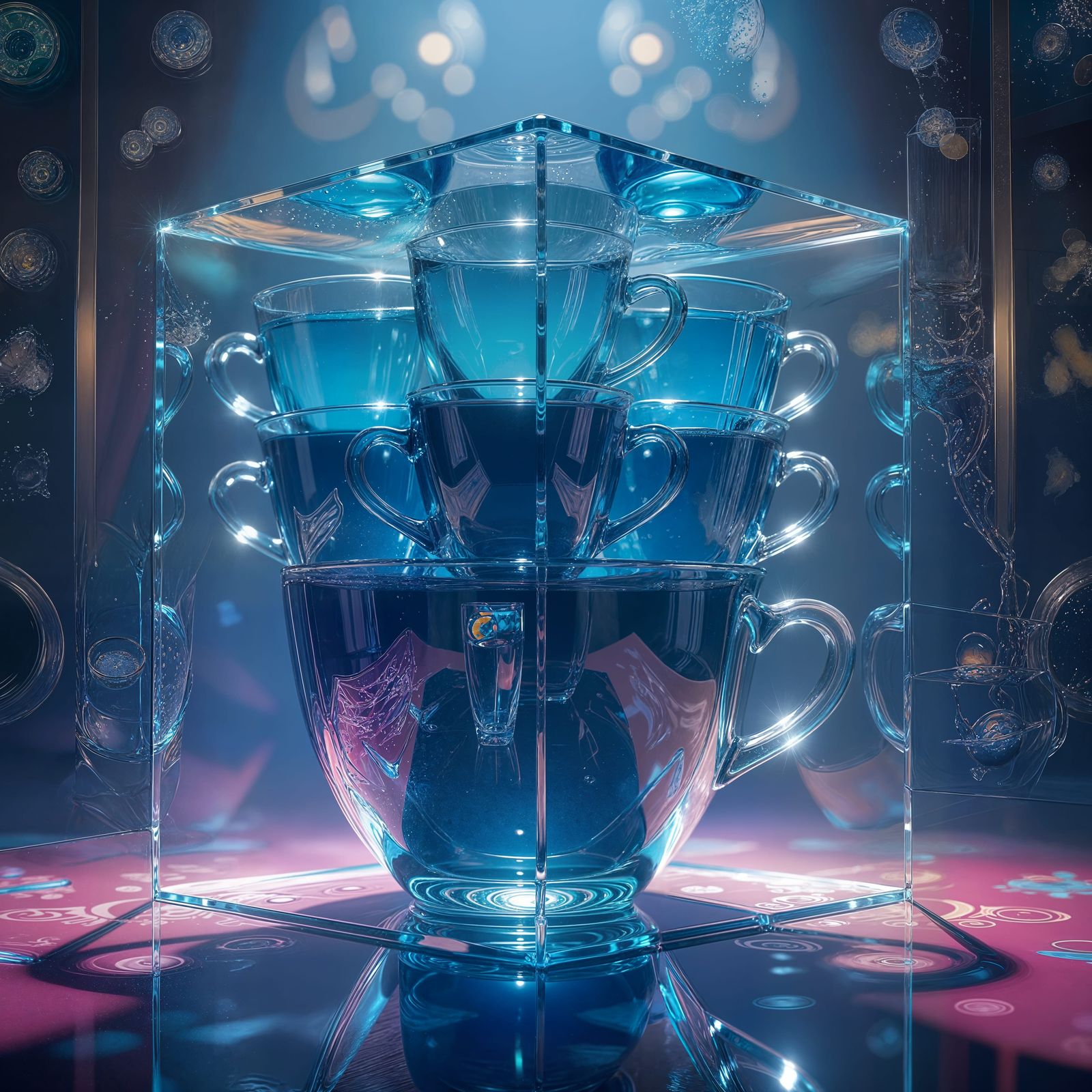 Surreal Blue Teacups in Transparent Glass