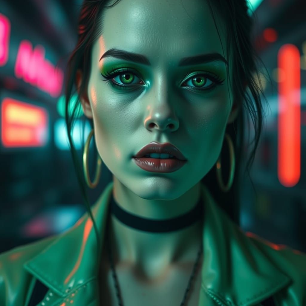 Cyberpunk Woman with Dark Circles, Tim Burton Style