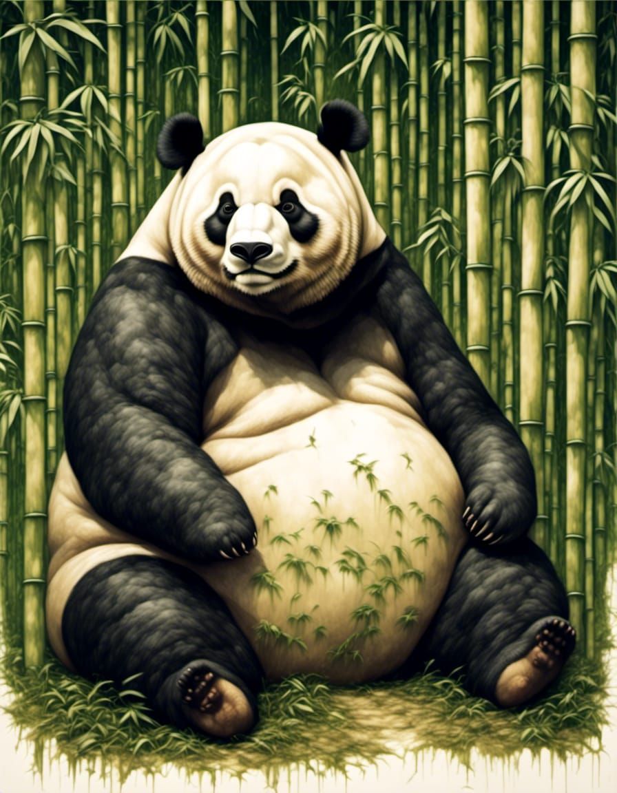 Sad Obese Panda in Dark Bamboo Forest Portrait
