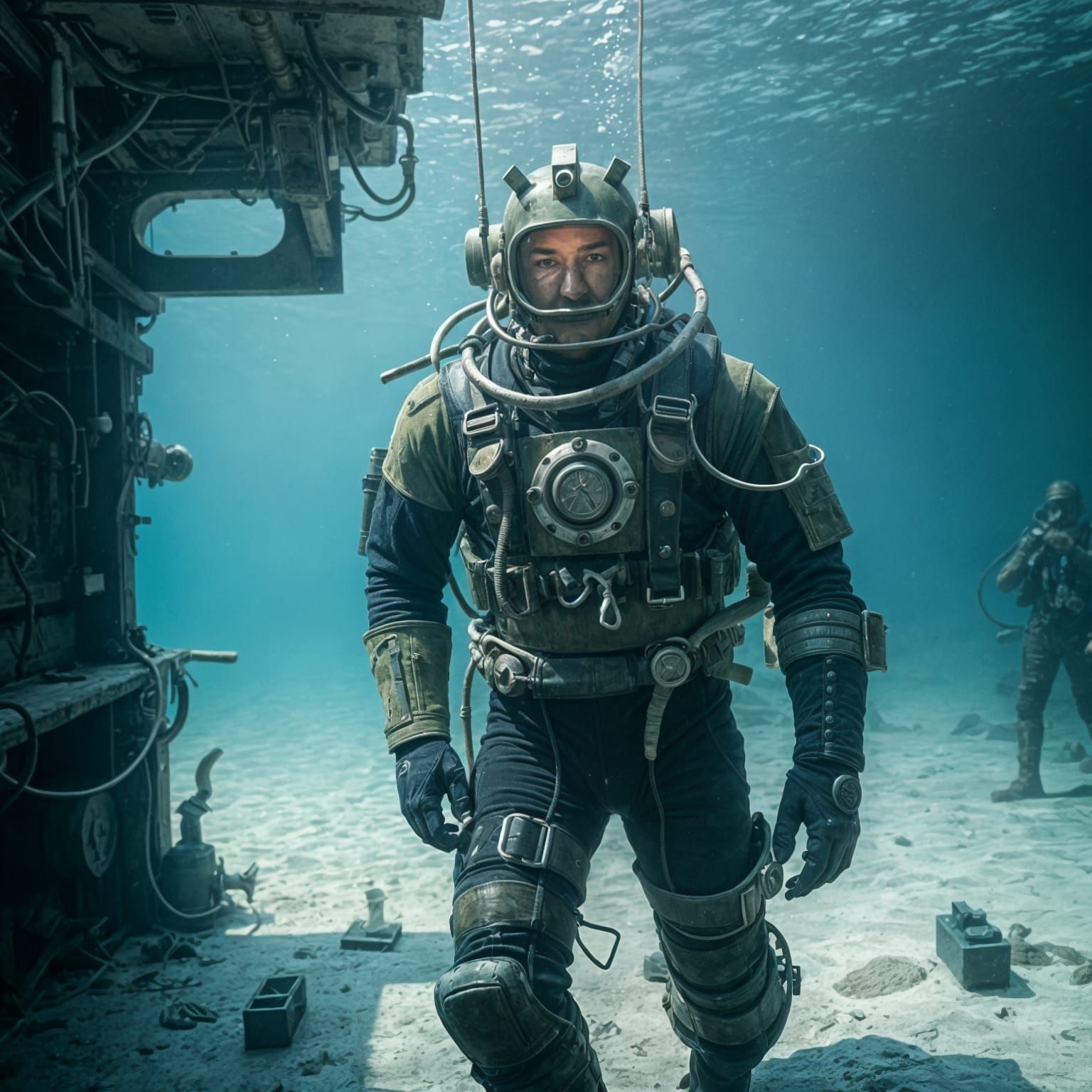 Green Armor Soldier in Diving Suit Exploring Shipwreck