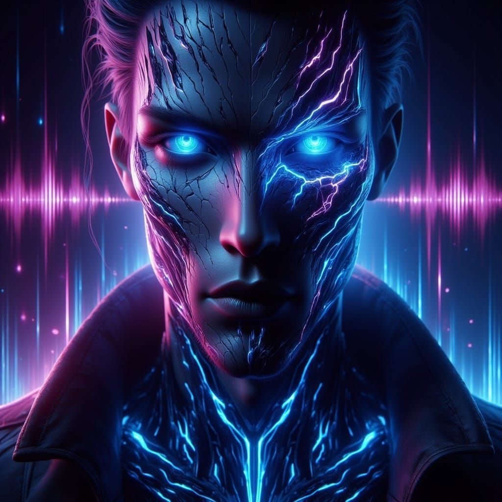 Holographic Soundwave Male Face in Neon Cyberpunk Style