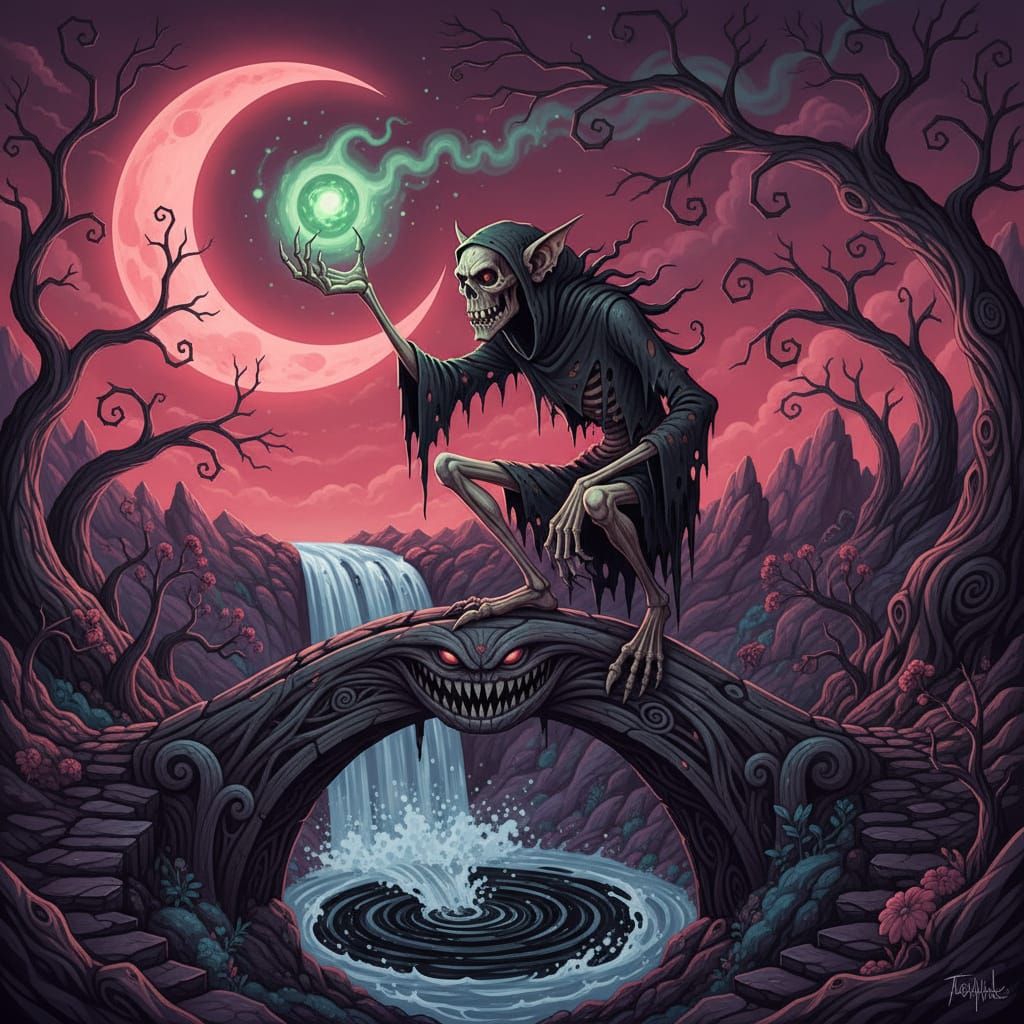 Skeletal Troll on Carved Bridge Holding Glowing Orb