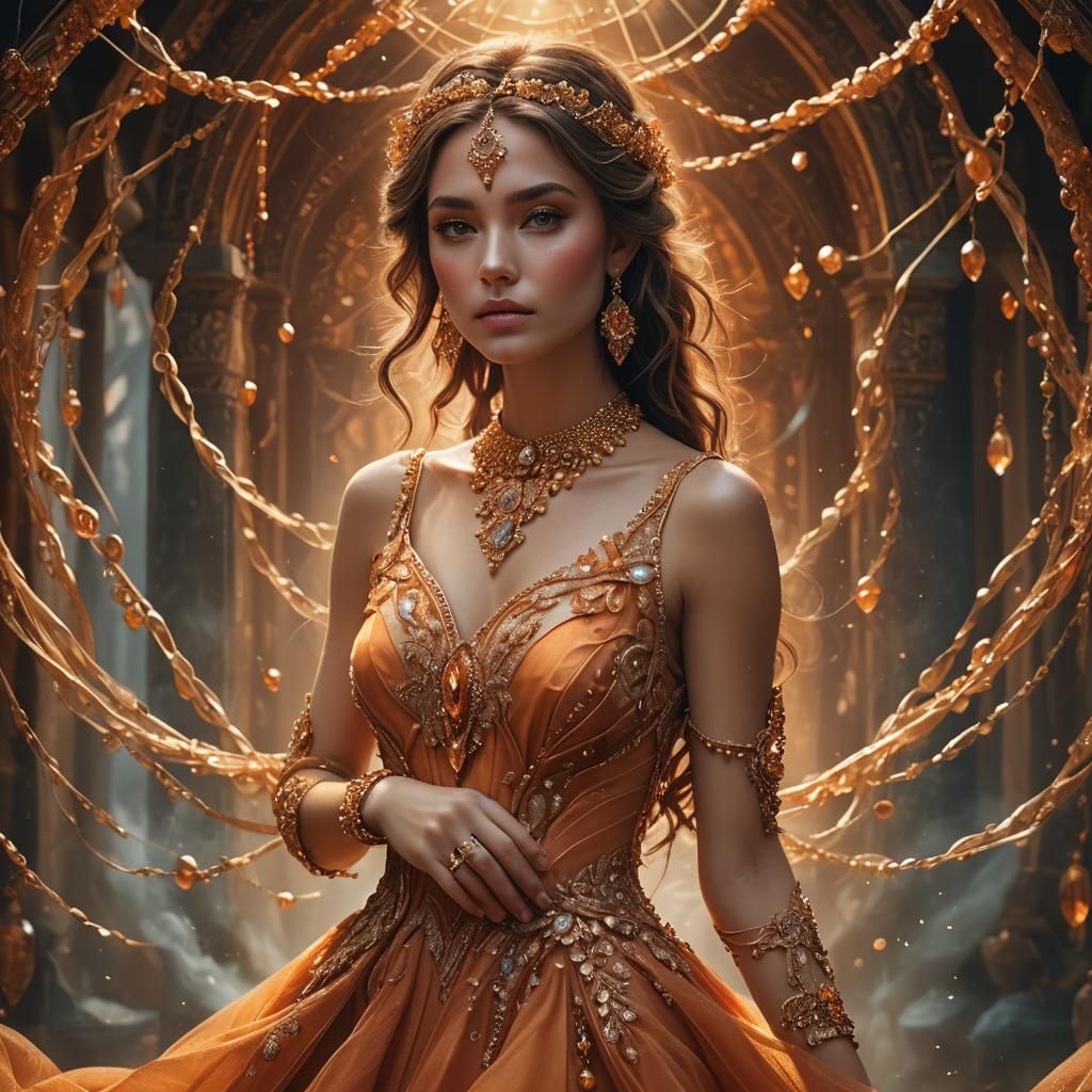 Girl in Orange Dress with Jewelry: Fantasy Concept Art