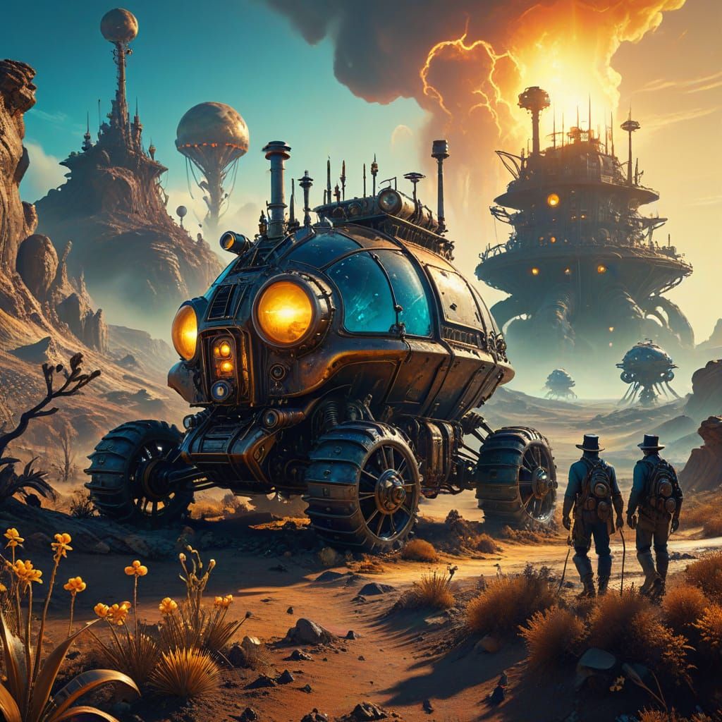 Settlers Explore Alien Planet in Surrealist Oil Painting