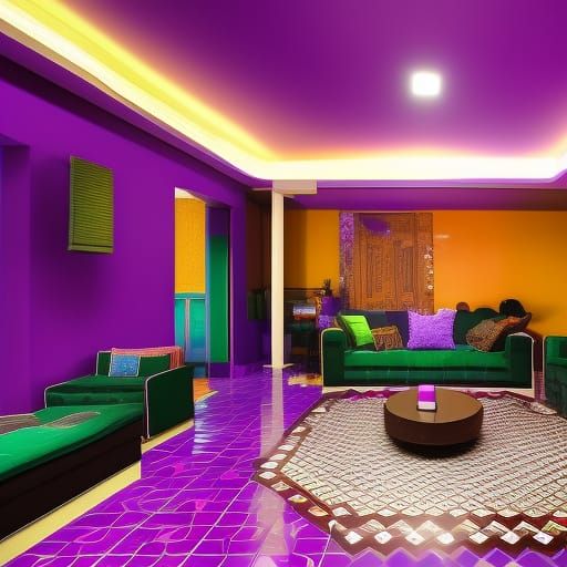 Party house penthouse with colorful tile wall with purple tiles, Blue tiles, Black tiles, Emerald green tiles& luxurious...