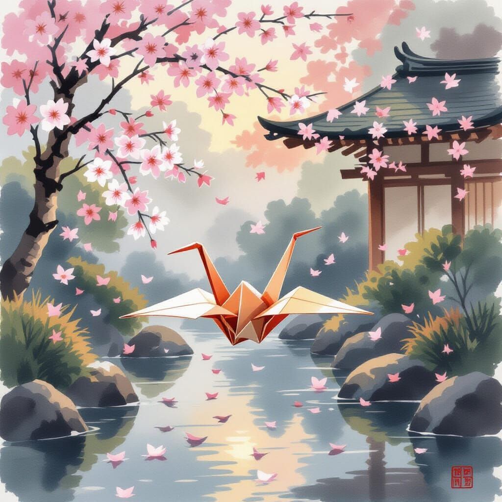 Origami Crane Drifting Through Misty Garden