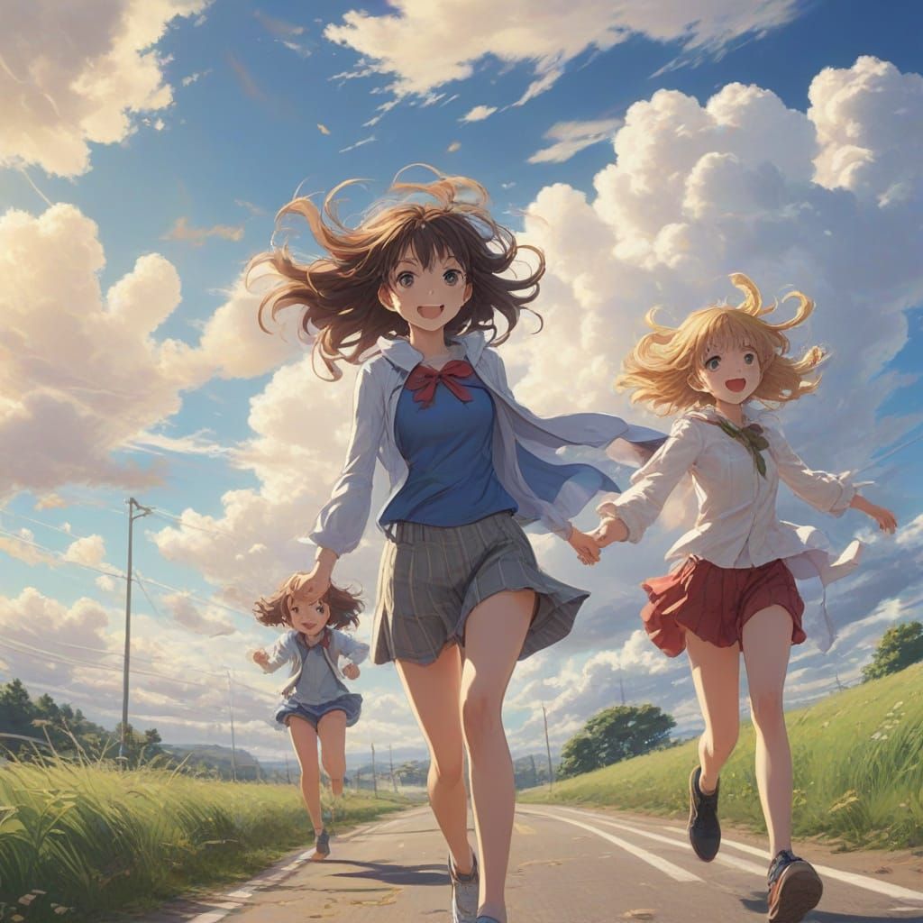 Vibrant Anime Key Visual: Woman and Children Run Towards You...