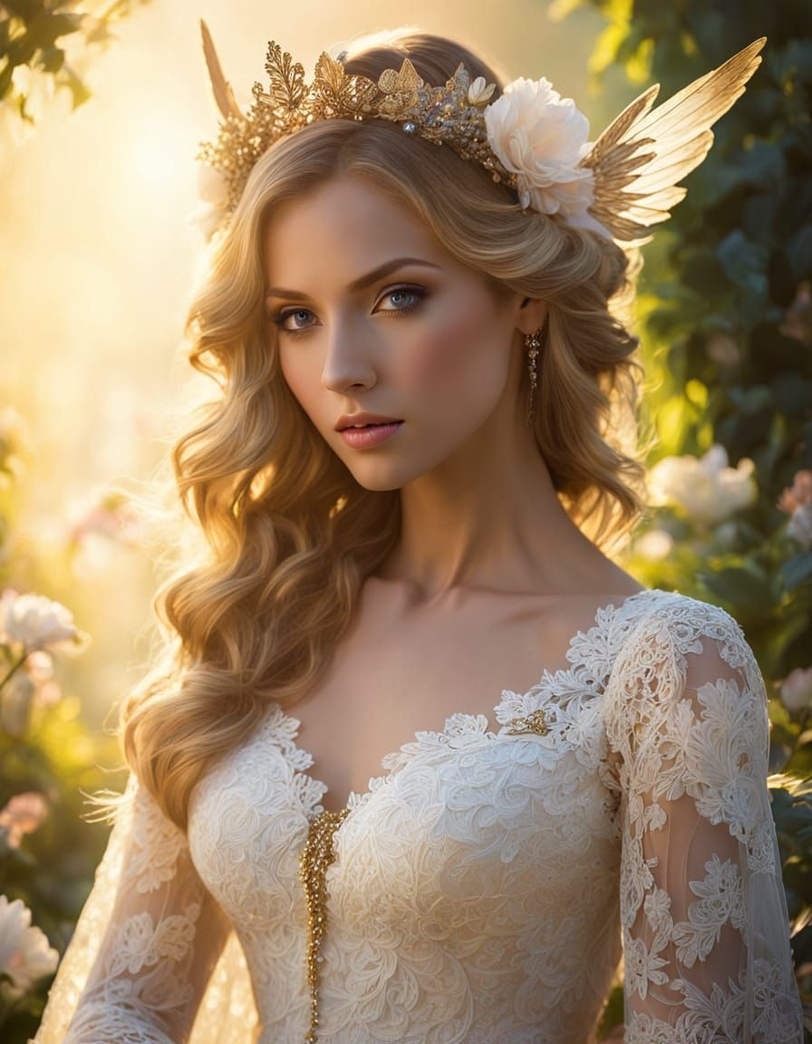 Ethereal Woman with Golden Wings in Garden