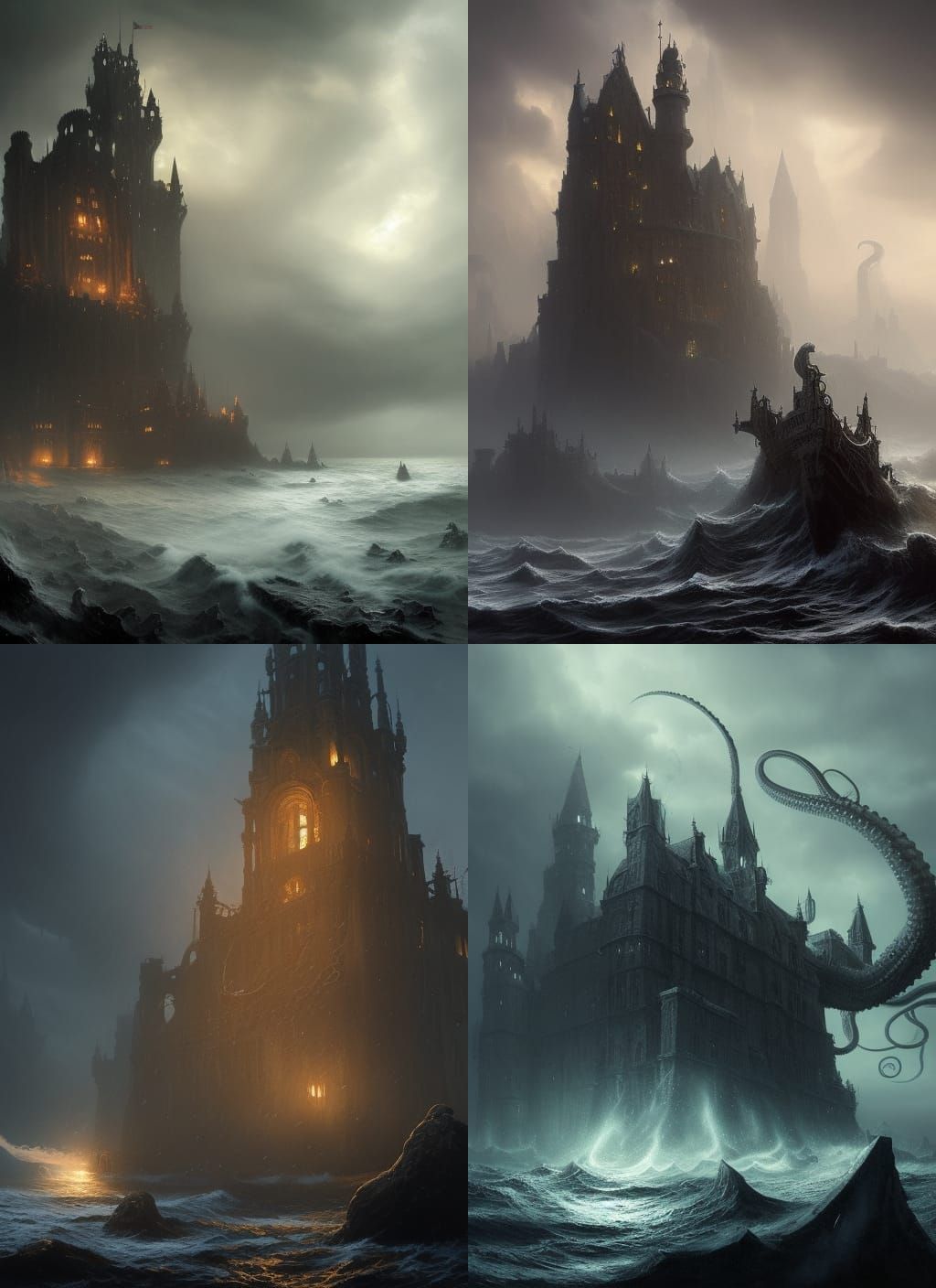 Kraken Lifts Gothic Castle in Dark Fantasy Art
