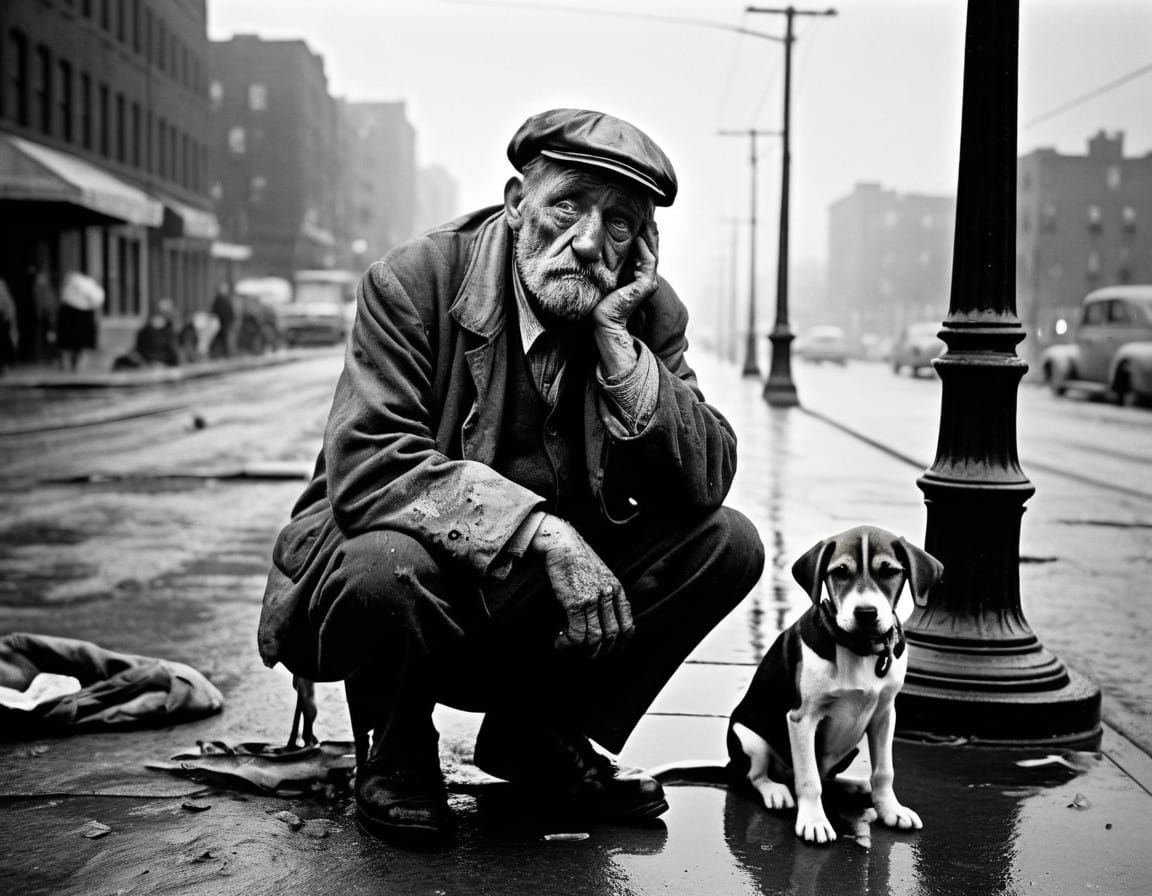 Homeless Man and Dog Seek Refuge Under Streetlight