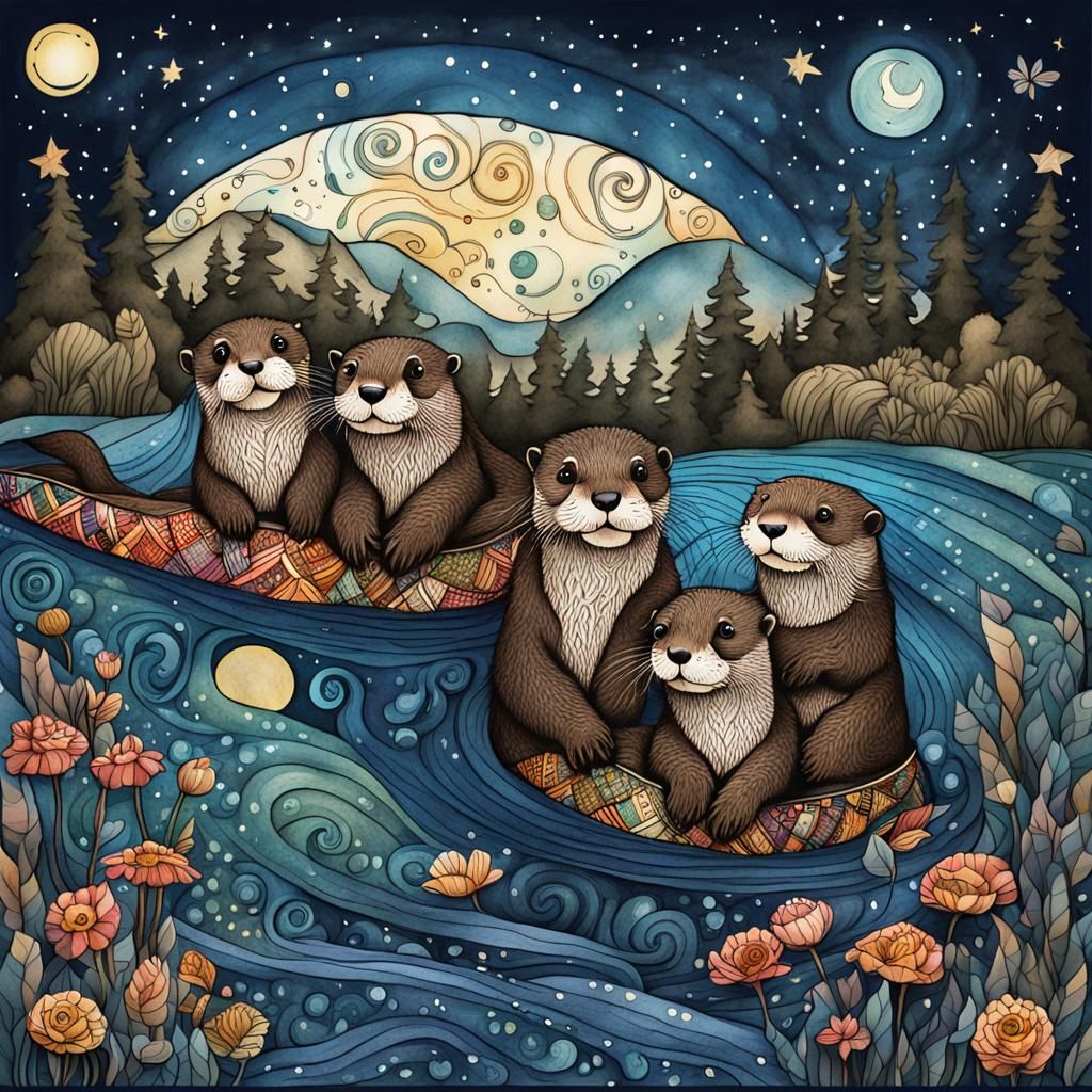 Whimsical Otter Family Zentangle Poster