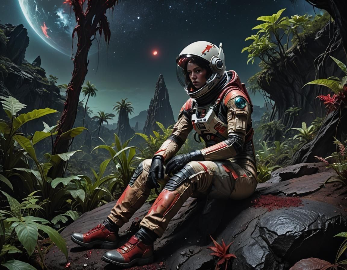 Girl in Torn Spacesuit on Alien Planet