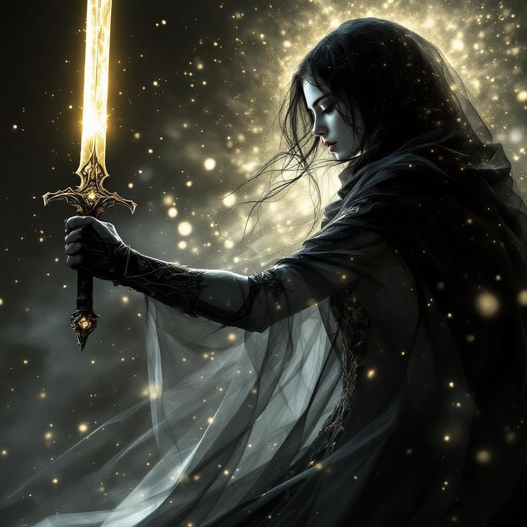 Celestial Warrior Emerges with Luminous Sword