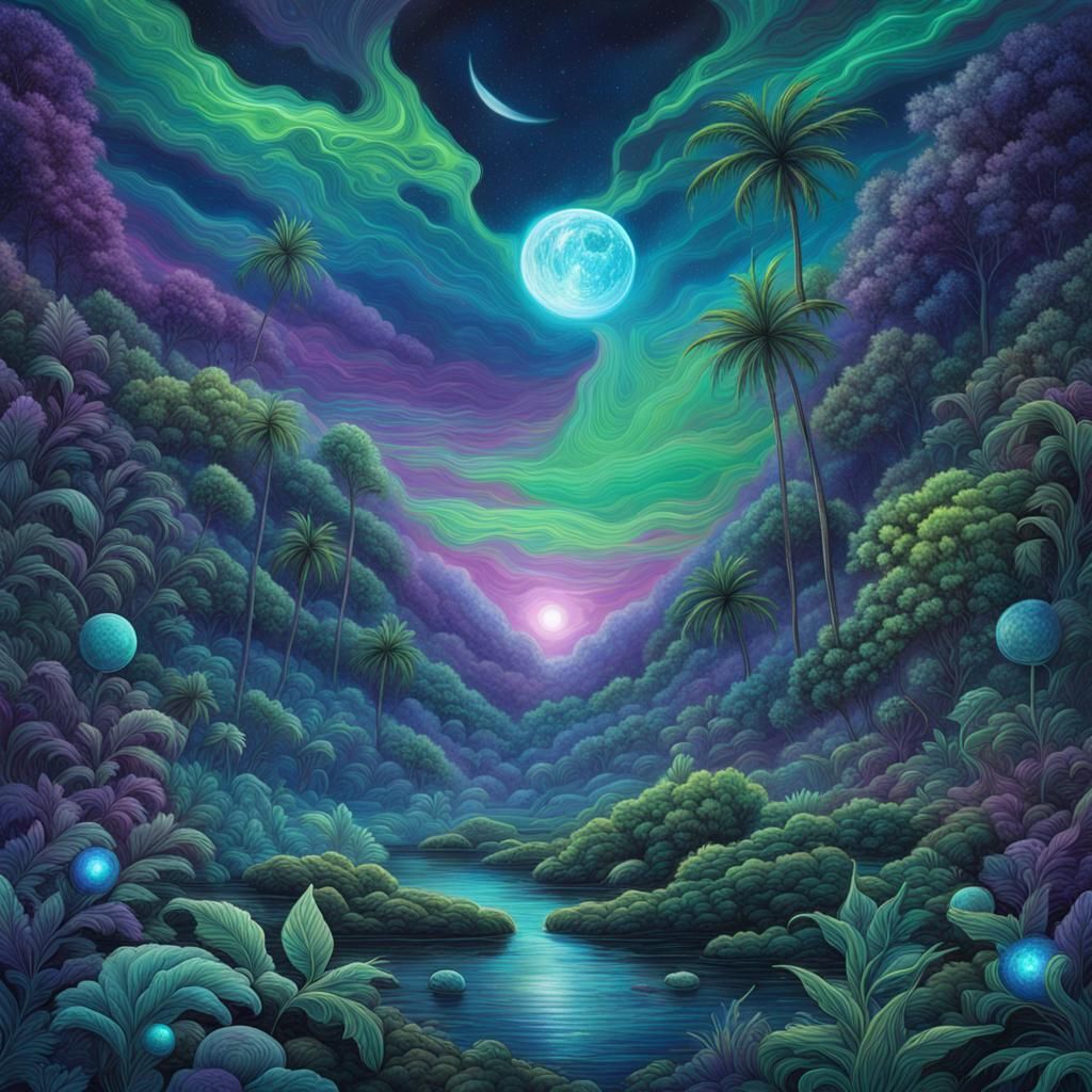 Bioluminescent Jungle with Aurora, Astral Illustration