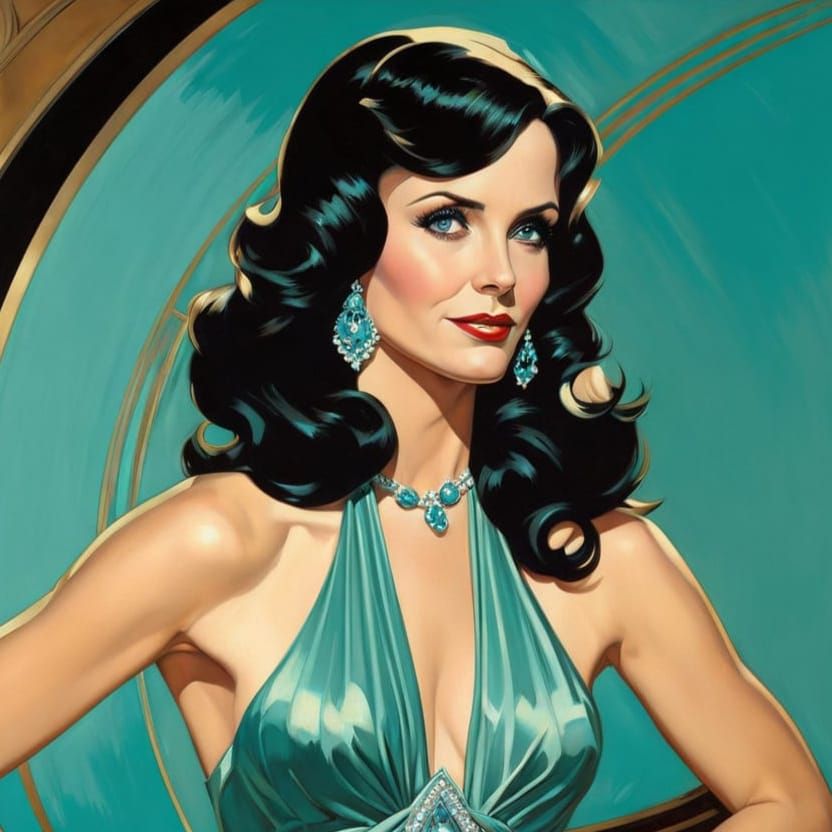 Art Deco Portrait of Woman in Turquoise Gown