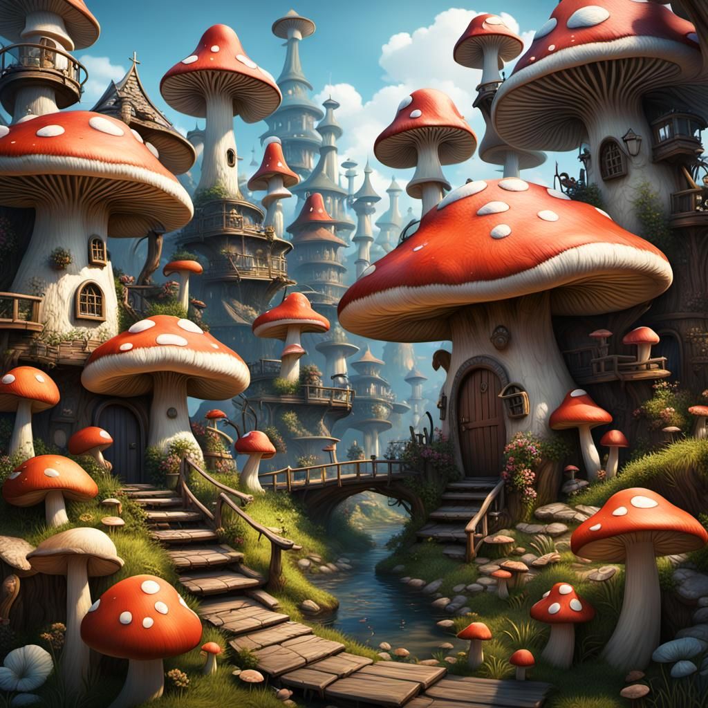 Detailed Matte Painting of a Mushroom Town