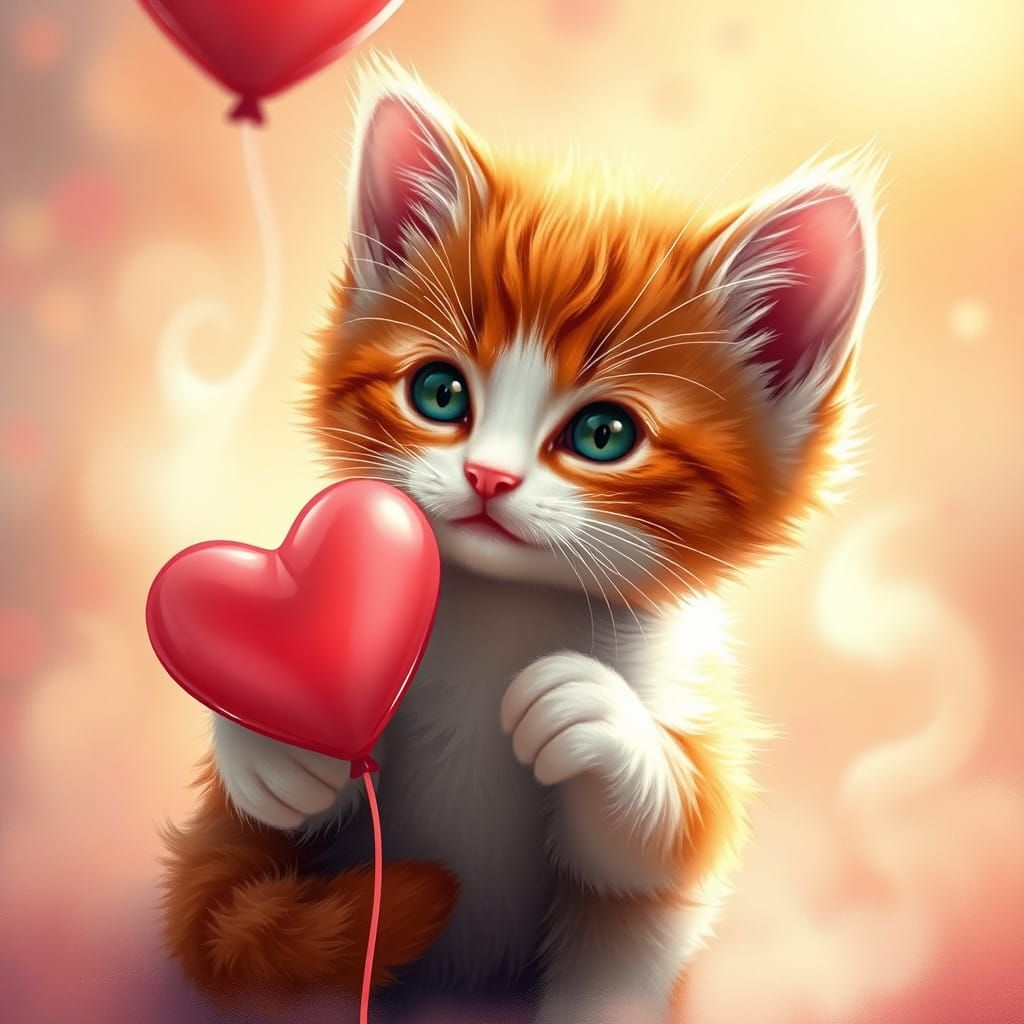 Whimsical Red and White Kitten in Golden Light