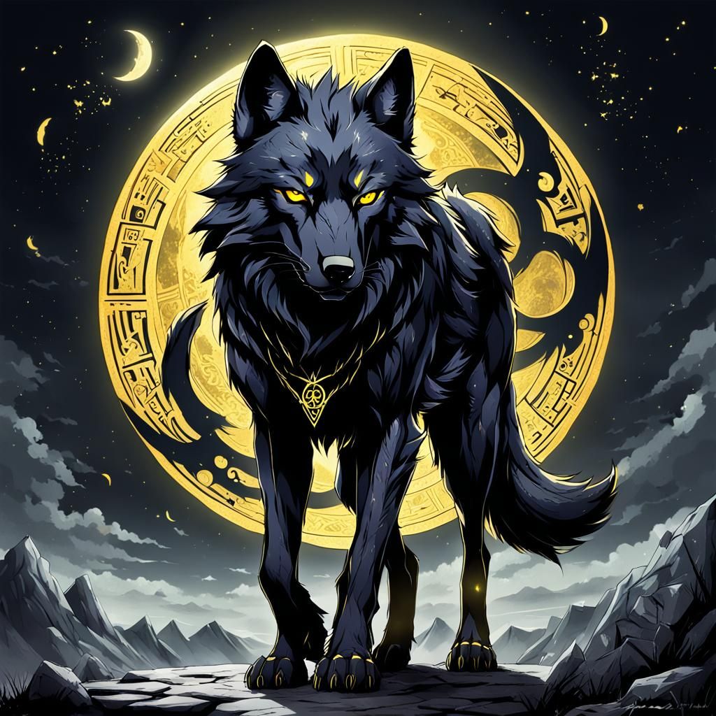 Mystical Black Wolf with Runes in Anime Style