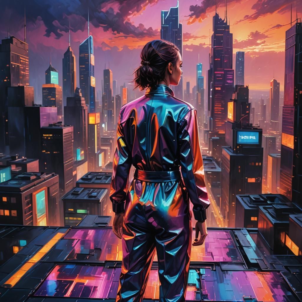 Futuristic Cityscape Oil Painting with Neon Reflections