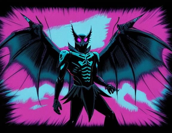 Anime-Style Mothman Illustration in Cyan and Magenta