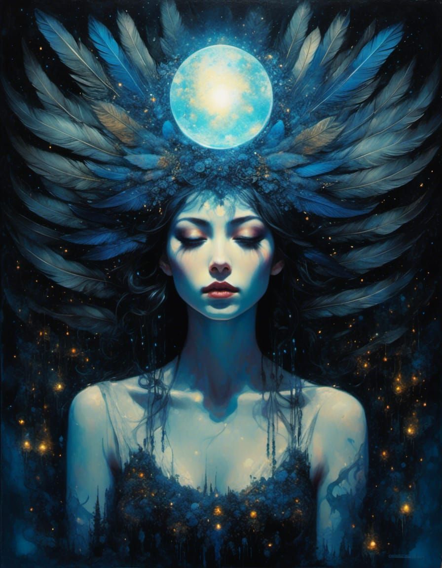 Ethereal Woman with Light Orbs in Impasto Style