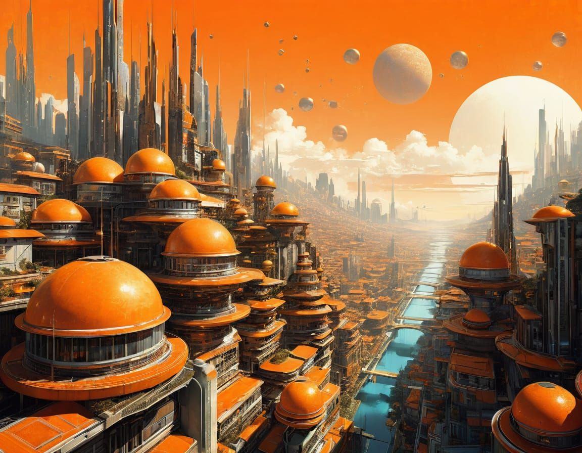 Utopian Cityscape in Retro Futurism Style